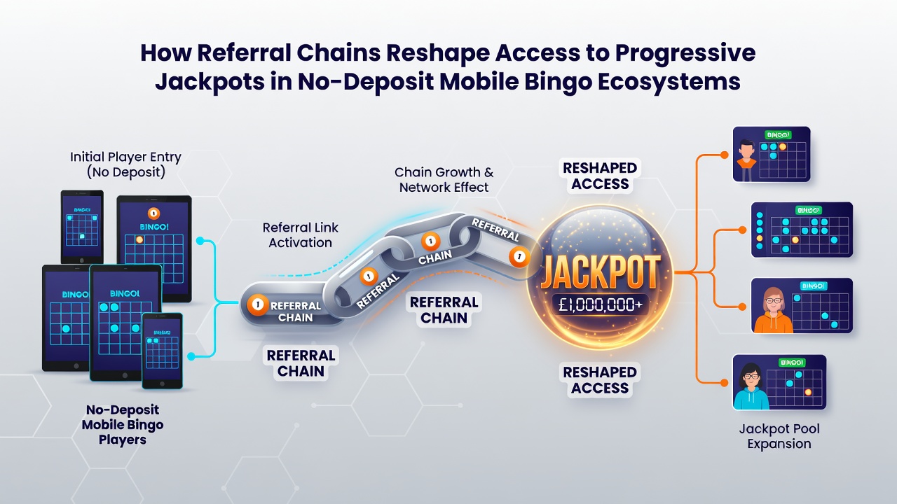 Illustration of connected referral chains linking multiple bingo players to a shared progressive jackpot
